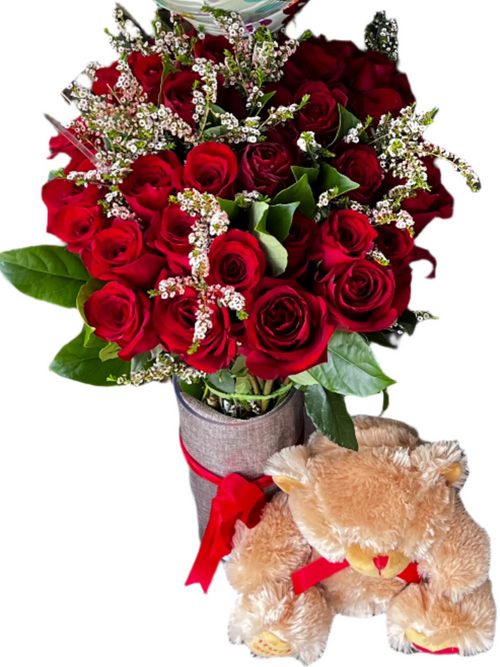 Red Roses Arrangement with Vase & Teddy